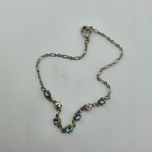 Blue Aurora Borealis Rhinestone Bracelet Silver Tone Delicate Chain 8.5in